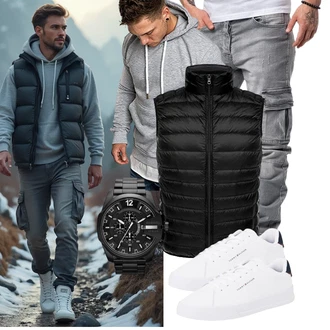 Outfit mit Schwarz/Grau Kurze Weste/Kunstfaserweste/Funktionsweste/Steppweste/Isolationsweste/Puffer Weste/Ärmellose Weste/Daunenweste Pengniao "Freizeit Outfit"
