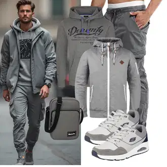 Outfit mit Grau/Hellgrau/Dunkelgrau Segeljacke/Wanderjacke/Isolationsjacke/Funktionsjacke/Outdoorjacke/Nylonjacke/Ripstopjacke/Kapuzenjacke/Leichte Jacke/Windbreaker Jacke solid "Freizeit Outfit"