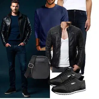 Outfit mit Schwarz Jacke mit Seitlichem Reißverschluss/Motorradjacke/KunstLederjacke/Bikerjacke Redbridge "Freizeit Outfit"