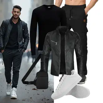 Outfit mit Schwarz/Khaki/Dunkelblau TrainingsHose/SportHose/Jogger Hose/Cargo-JoggingHose/Kurze Hose/Capri/Cargo Short JustSun "Freizeit Outfit"
