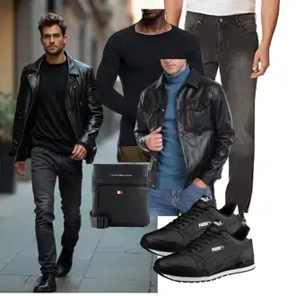 Stil Motorrad Outfit mit Schwarz/Rot/Blau Lederjacke/Vintage Lederjacke/KunstLederjacke/Leder Bomberjacke Sailwind "Freizeit Outfit"Look: Classic, Coole, Rad, Stil, Indoor, Wetlook, Workwear, Maritim, 80er, Rockige, Freizeit, Reiten, Motorrad