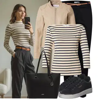 Outfit s Černá Volnočasová Bota/Kožené tenisky/Šněrovací Bota/Tenisky s Bočním Zipem/Letní tenisky/Nízká Teniska/Úzká teniska Guess "Stylový look na jaro"