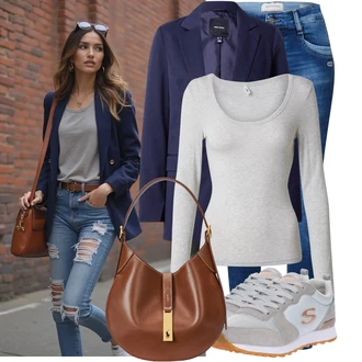 Outfit s Modrá/Tmavě modrá Džíny s Dírou/Kožené bundy/Kožená bunda/Džíny s Rozparkem/Push up Džín/Zimní bunda/Džín s Nízkým Pasem/Džíny s Nízkým Sedem/Kotníková Bota/Kožené Boty/Motorkářské Džíny Gang "Stylový look na jaro"