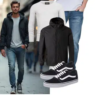 Outfit mit Schwarz/Grau/Dunkelgrau Kunstfaserjacke/2in1 Jacke/Nylonjacke/Trekkingjacke/Leichte Jacke/Regenjacke/Wasserdichte Jacke/Verstaubare Jacke/Funktionsjacke/Windbreaker Jacke Mukua "Freizeit Outfit"