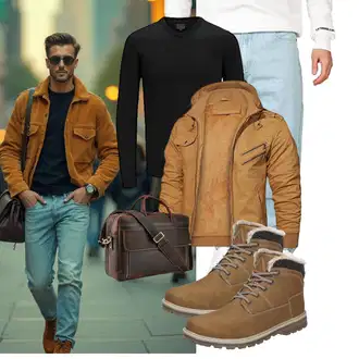 Outfit mit Khaki/Braun/Beige TrekkingStiefel/SchnürStiefel/Wasserdichter Stiefel/Herren Lederschuhe/Wattierte Stiefel/Winter Stiefel/Klassischer Stiefel/Winter Sneaker/Gefütterte Stiefelette/Winter Stiefelette Mishansha "Freizeit Outfit"
