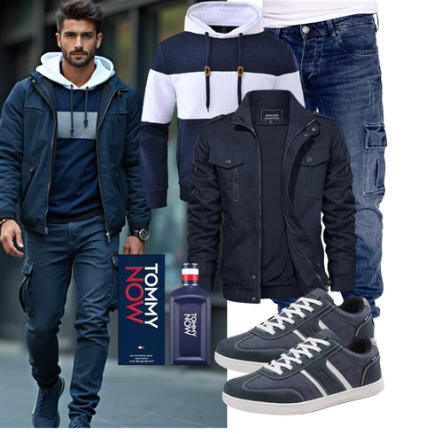 Oversize Dunkelblau/Weiß/Blau Sport Sweatshirt/Sport Hoodie/Ausgefallener Hoodie/Strick Hoodie Huayuzh kombinierenLook: Boyfriend, Casual, Oversize, Streetwear, Stil, Maritim, Coole, Outdoor, Moderne, Schön