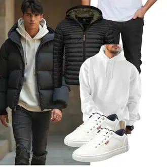 Hütten Outfit mit Schwarz/Dunkelgrün/Khaki Isolationsjacke/Daunenjacke/Kunstfaserjacke/Jacke mit Seitlichem Reißverschluss/Herbstjacke/Winterjacke/Puffer Jacke/Thermojacke/Steppjacke/Verstaubare Jacke/Kapuzenjacke Indicode "Freizeit Outfit"Look: Bayram, Pop Konzert, Hütten, Silvester, Festival, Fasching, Schule