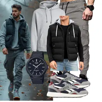 Outfit mit Schwarz Steppweste/Daunenweste/Puffer Weste/Kurze Weste Vancavoo "Freizeit Outfit"