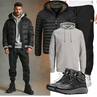 Hütten Outfit mit Schwarz/Dunkelgrün/Khaki Isolationsjacke/Daunenjacke/Kunstfaserjacke/Jacke mit Seitlichem Reißverschluss/Herbstjacke/Winterjacke/Puffer Jacke/Thermojacke/Steppjacke/Verstaubare Jacke/Kapuzenjacke Indicode "Freizeit Outfit"Look: Bayram, Pop Konzert, Hütten, Silvester, Festival, Fasching, Schule