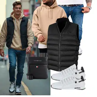 Outfit mit Schwarz Steppweste/Kunstfaserweste/Indoorweste/Wendeweste/Reitweste/Isolationsweste/Puffer Weste/Daunenweste Calvin Klein "Freizeit Outfit"