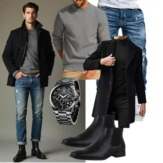 Freizeit Outfits Business Winter mit PJ PAUL JONES, Schwarz/Grau "Freizeit Outfit"Look: Casual, Classic, Büro, Zuhause, Premium, Stil, Business, Feine, Oversize, Vintage, Schick, Rad, Steampunk, Moderne, Elegant, Smart Casual