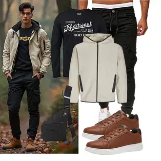 Outfit mit Schwarz/Khaki/Dunkelgrün Löcherne Hose/Skinny Hose/Cargo-JoggingHose Cassiecy "Freizeit Outfit"