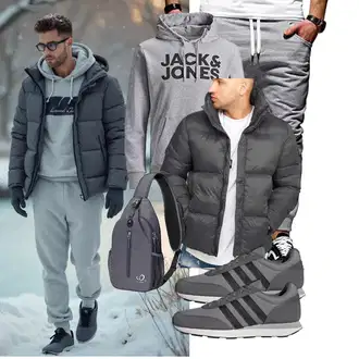 Outfit mit Dunkelgrau/Grau/Hellgrau Übergangsjacke/Verstaubare Jacke/Kunstfaserjacke/Kapuzenjacke/Winterjacke/Daunenjacke/Puffer Jacke Behype "Freizeit Outfit"