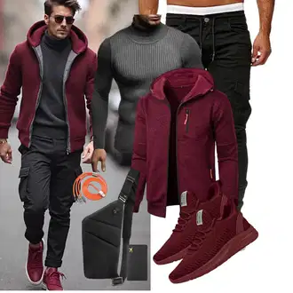 Outfit mit Dunkelrot/Bordeaux/Lila KapuzenPullover/Ausgefallener Hoodie/Sweatjacke/Strick Hoodie/Pullover mit Reißverschluss/Sport Hoodie Aoouekul "Freizeit Outfit"