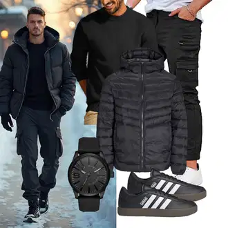 Tapered Outfit mit Schwarz/Khaki GINGTTO, Puffer Jacke Jack & Jones "Freizeit Outfit"