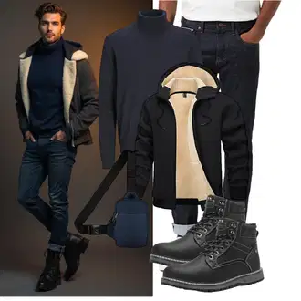 Winter Outfit mit Schwarz Winter Stiefel/Wattierte Stiefel/Klassischer Stiefel/Schnürstiefelette/Stiefel Mit Reißverschluss/Winter Stiefelette/Gefütterte Stiefelette/Wasserfester Schuh/Wasserdichter Stiefel/Winter Sneaker/Herren Lederschuhe ANALEAF "Freizeit Outfit"