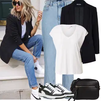 S Pertlanjem Outfit sa Svjetloplava Traperice Ravne Nogavice/High Waist Traperice/Mom Jean/Traperice s Prorezom/Vintage traperice/Girlfriend Traperice/Ženske Traperice 7/8 Dužine/Dad Traperice/Muška Kožna Jakna/Skraćene Traperice/Formalna Košulja jjxx "Proljetni Outfit"