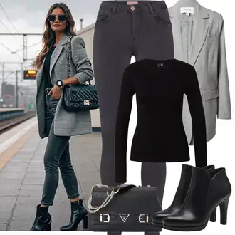 S zakovicama Outfit sa Crna/Bijela Gležnjača na visoku petu/Gležnjača s platformom/Kožna gležnjača/Kožna Jakna/Podstavljena Gležnjača/Čizma na visoku petu Tamaris "Proljetni Outfit"Look: S zakovicama, Jahanje, Hodanje