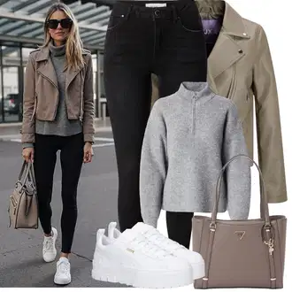 Outfit sa Siva/Smeđa/Kaki/Bež/Ljubičasta Kratka Jakna/Vintage Kožna Jakna/Jakna od Umjetne Kože/Jakna s Patentnim Zatvaračem sa strane/Kožna Jakna/Bajkerska Jakna jjxx "Proljetni Outfit"