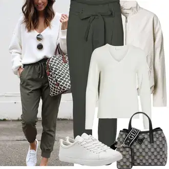 Outfit s Krémová/Béžová/Bílá/Světle zelená/Khaki Sveter Basic Svetr/Svetr Carmen/Kašmírový Svetr/Kašmírový Svetr/Jednoduchý Svetr/Termo Svetr/Svetr s V-výstřihem Vila "Jarní Outfit"