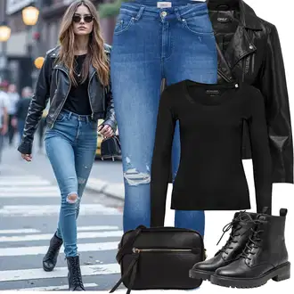 Outfity z džínu Zima s Černá Jednoduchý top/Pletené tričko/Košile s dlouhým rukávem/Roláková Košile/Dlouhý top/Pletený top/Dlouhá košile/Košilový top/Tričko Opus, Černá Šněrovací Kotníková Bota/Bojová Bota/Kotníková Bota s Podšívkou Only "Jarní Outfit"