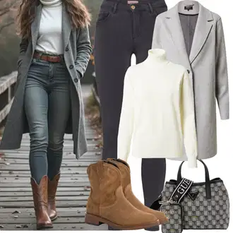 Outfit sa Siva/Svjetlosiva Pleteni Kaput/Vuneni kaput/Pleteni Flis Kaput/Usko Krojena Kaputa/Kaput od Kašmira/Kaput od Vunenog Flisa/Midi Kaput/Sako Kaput/Lagani Kaput Only "Proljetni Outfit"