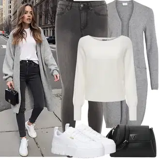 Zapínání na knoflíky Dlouhé Outfit s Šedá/Tmavě šedá/Světle šedá Pletenina veľkej veľkosti/Šaty Móda Pro Plnoštíhlou/Kabát/Tunika Vila "Jarní Outfit"