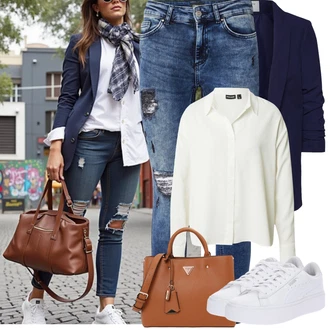 Móda pro plnoštíhlé Outfit s Bílá/Krémová/Světle zelená Oversize Muselínová Blůza/Slip-on Halenka/Halenka s Dlouhým Rukávem/Blůza s knoflíčkem/Kožená bunda pro muže/Oversize Halenka/Otevřená Halenka/Halenka se Stojatým Límcem/Businessová Halenka Pieces "Jarní Outfit"
