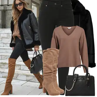 Cowgirl Outfit sa Smeđa/Bež/Siva Klasična čizmica/Čizma na visoku petu/Duga Čizma/Čizma na Špic/Široke čizme/Čizma do Koljena About You "Proljetni Outfit"Look: Cowgirl, Western, cool, Šik, Old Money