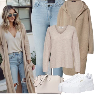 Outfit s Béžová/Šedá/Hnědá/Khaki Kardigan Svetr kroj/Kašmírový kardigán/Svetr s podšívkou/Dlouhé Kardigany/Zimní svetr/Vlněný kardigán/Zavinovací svetr Zwillingsherz "Jarní Outfit"
