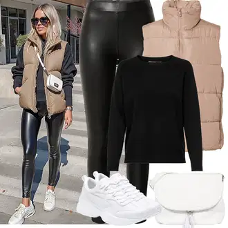 Mokri izgled Outfit sa Crna/Bijela/Kaki/Tamnozelena Kožne Tajice/Tajice od Vinila/Hlače od Umjetne Kože/Tajice Kožnog Izgleda/Lateks Tajice Tom Tailor Denim "Proljetni Outfit"Look: Besprijekorno, Mokri izgled, Vanjski, Disko