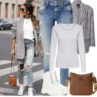 Outfit s Krémová/Bílá/Béžová Šněrovací Kotníková Bota/Šněrovací Kozačka na Platformě/Klasická kozačka/Bojová Bota Bronx "Jarní Outfit"
