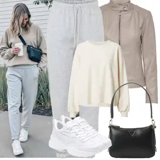 Materijal koji upija znoj Outfit sa Siva/Svjetlosiva Sportske hlače/Jogger Hlača/Muška Kožna Jakna/Hlače od Flisa Pieces, Bijela/Krem/Kaki/Bež Nekategorizirano american vintage "Proljetni Outfit"