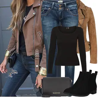 Outfit sa Crna Čarapa Cipela Dama/Chelsea Gležnjača/Kožna Jakna/ljetna gležnjača/Ravna Gležnjača/Gumena Gležnjača About You "Proljetni Outfit"