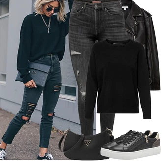 Kombinacije od trapera sa Crna/Siva/Svjetlosiva/Tamnosiva Kožna Jakna/Traperice s Rupom/Bikerske Traperice/Kožne jakne/Traperice s Prorezom Only "Proljetni Outfit"