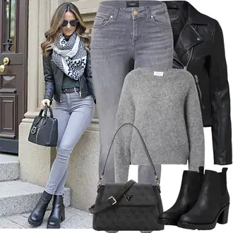Kombinacije s čizmama sa Crna Kožna Jakna/Podstavljena Gležnjača/Gumena Gležnjača/Chelsea Gležnjača/Kožna gležnjača Only "Proljetni Outfit"