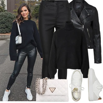 Sophia Outfit s Černá Kalhoty z Umělé Kůže/Legíny Kožený Vzhled/Legíny s Vysokým Pasem/Tregíny/Jeggings/Džínové Legíny/Legíny s Rozparkem/Skinny Kalhoty/Kožený legíny VERO MODA "Jarní Outfit"