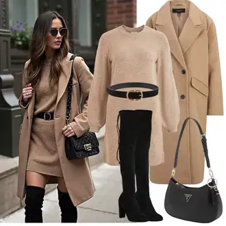 Outfit sa Smeđa/Bež Pletena Haljina/Zimska Haljina Zimska Pletena Haljina/Zimska Haljina dugih rukava/Džemper Haljina/Haljina S Visokim Ovratnikom Object "Proljetni Outfit"