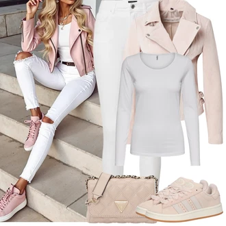 Outfit s Hnědá/Béžová/Růžová/Fialová Udržitelná bunda/Bouclé Bund/Krátký Bund/Letní Bund/Bunda s Bočním Zipem/Podzimní bunda/Jarní bunda/Ažurová pletená bunda Freaky Nation "Jarní Outfit"