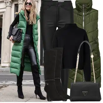 A line Outfit sa Tamnozelena Haljina Veći Broj/Parka velike veličine JdY "Proljetni Outfit"
