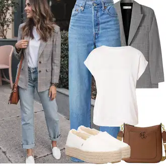 Kombinacije s "mom" trapericama Stil sa Svjetloplava/Plava Vintage traperice/Girlfriend Traperice/High Waist Traperice/Skraćene Traperice/Dad Traperice/Mom Jean levi's ®, Bijela/Krem Majica I Top Veći Broj/Bluza i Tunika/Bluza Veći Broj Vila, Bež/Bijela/Krem Espadrila s Platformom/Espadrila mula TOMS "Proljetni Outfit"