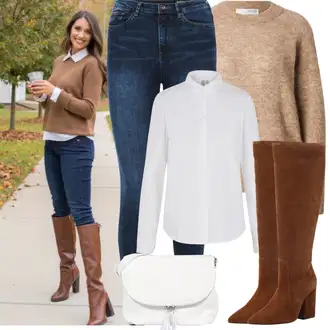 Cowgirl Outfit sa TamnoSmeđa/Smeđa Čizmica Čizma na Špic/Čizma za Jahanje/Čizma do Koljena/Široke čizme/Čizma na visoku petu/Duga Čizma About You "Proljetni Outfit"Look: Cowgirl, Western
