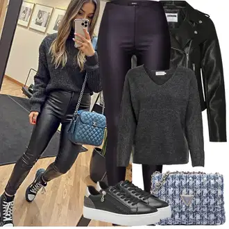80tá léta Outfit s Černá Motorkářské Bund/Krátký Bund/Motorkářská bunda/Kožené Bund Kožená vintage bunda/Kožené Bund/Bunda z Umělé Kůže Noisy may "Jarní Outfit"Look: Metal, Moderní, Rock 'n' Roll, Univerzitní, 80tá léta