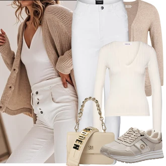 Sophia Outfit s Šedá/Krémová/Bílá Tregíny/Legíny s Rozparkem/Jeggings/Termo Kalhoty/Skinny Kalhoty/Legíny s Vysokým Pasem VERO MODA "Jarní Outfit"