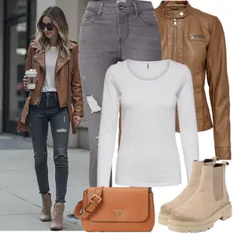 Outfit sa Smeđa/Bež/Kaki Chelsea Gležnjača/Kožna Jakna/Ravna Gležnjača/Podstavljena Gležnjača/ljetna gležnjača About You "Proljetni Outfit"