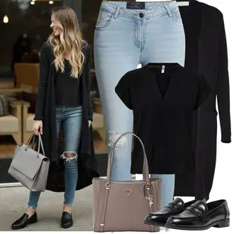 Outfity z džínu Zima s Černá Pletenina veľkej veľkosti Vila "Jarní Outfit"