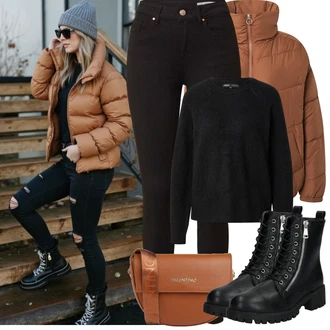 Outfit s Černá/Šedá Mokasín/Mokasín/Lodička s Přezkou/Teniska s dírkovaným vzorem/Chunky Tenisky/Barefoot bota/Tenisky s Bočním Zipem About You "Zimní Outfity"