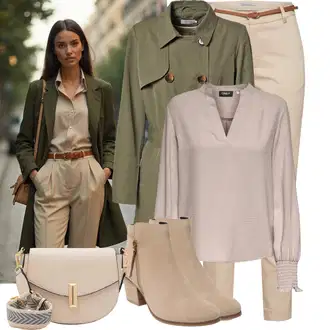 Outfit sa Smeđa/Bež/Kaki Podstavljena Gležnjača/Čizma s patentnim zatvaračem/Ravna Gležnjača/Kožna gležnjača/ljetna gležnjača About You "Moderna kombinacija za proljeće"