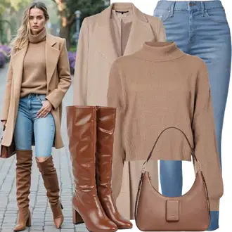 Outfit s Šedá/Béžová/Hnědá Vlněný Kabát/Kašmírový Kabát/Pletený Kabát/Lodenový Kabát/Midi Kabát/Vlněný Kabát Only "Jarní oblečení"