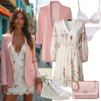 Outfit s Růžová/Fialová/Bílá/Červená Kancelářské šaty/Šaty po kolenu/Šaty na Podzim/Společenské šaty pro hosta/Úzké Šaty/Italské šaty/Občanské šaty/Šaty S Rovným Střihem/Pouzdrová Šat/Elegantní Šaty/Ležérní Šaty/Pouzdrové Šaty temu "Jarní outfit"